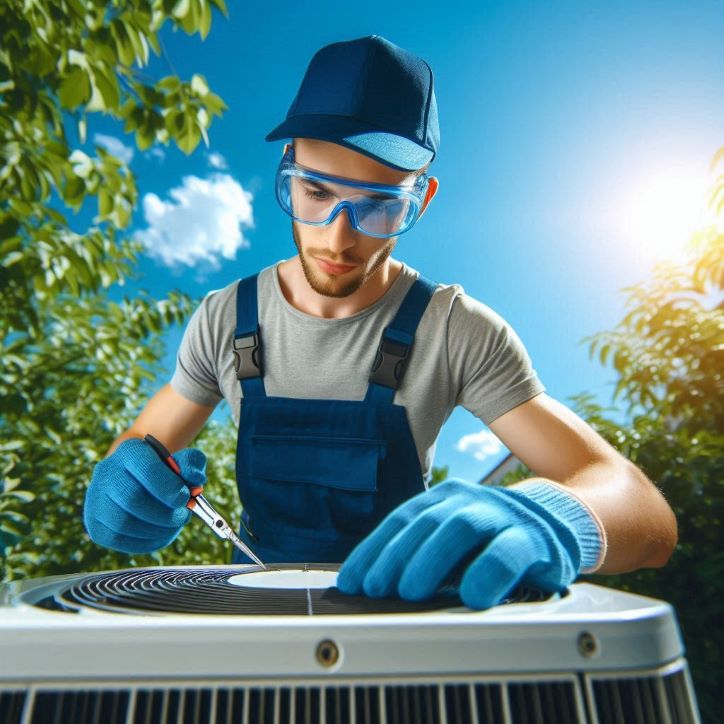technician cleaning AC unit