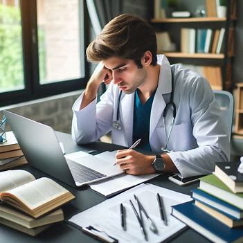 medical student working at a desk with research papers and a laptop